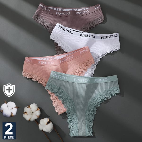 FINETOO 2PCS/Set Women's Cotton Panties Girls Letter Thongs Brazilian Pantys Sexy Lace Underwear For Woman Lingerie Bikini Panty