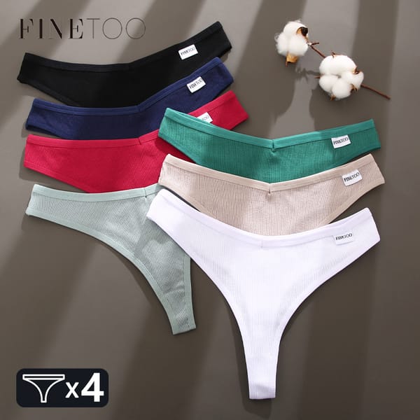 FINETOO 4Pcs Cotton Striped Solid Underwear for Women Sexy V Waist G-string Panties Ladies Comfortable Soft T-back Bikini M-XL
