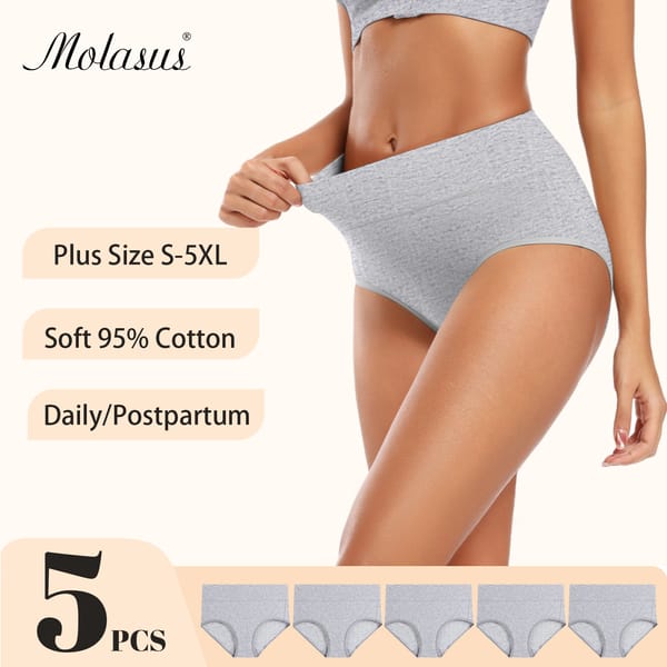 Molasus 5pcs Women's Breathable Cotton Panties High Cut Belly Control Briefs Ladies C Section Recovery Underwear Gray Plus Size