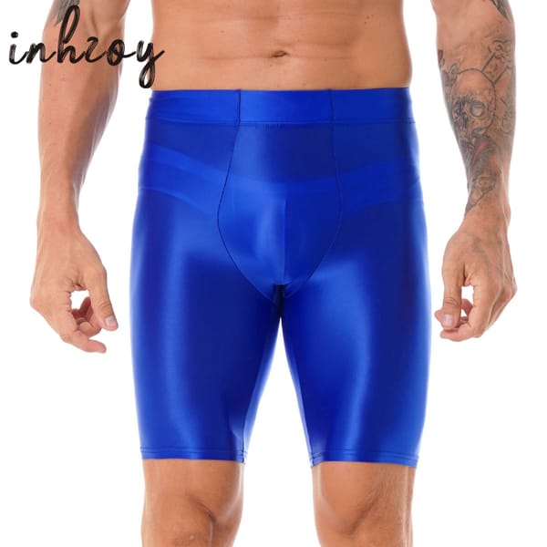 Men Oil Glossy Shorts Swimwear Stretch Mid Waist  Sport Fitness Gym Bottoms Underwear Bulge Pouch Trunks Short Leggings Swimsuit