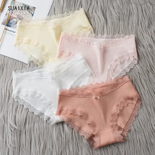 2024 Casual Fashion Women Panties Lace Mid-waist Underwear Threaded Brief Solid Color Skin-Friendly Ladies Underpants Breathable