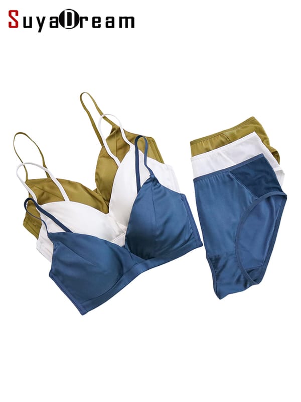 SuyaDream Women Silk Bra Set 92%Silk 8%Spandex Thin Mold Cup Wire Free Underwears 2022 Comfortable Intimates Blue Black