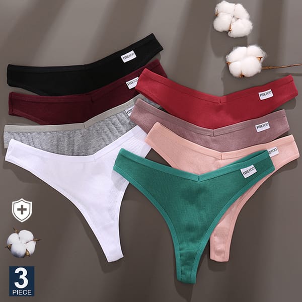 FINETOO 3PCS/Set G-string Panties Cotton Women's Underwear Sexy Panty Female Underpants Thong Solid Color Lingerie T-Back Design